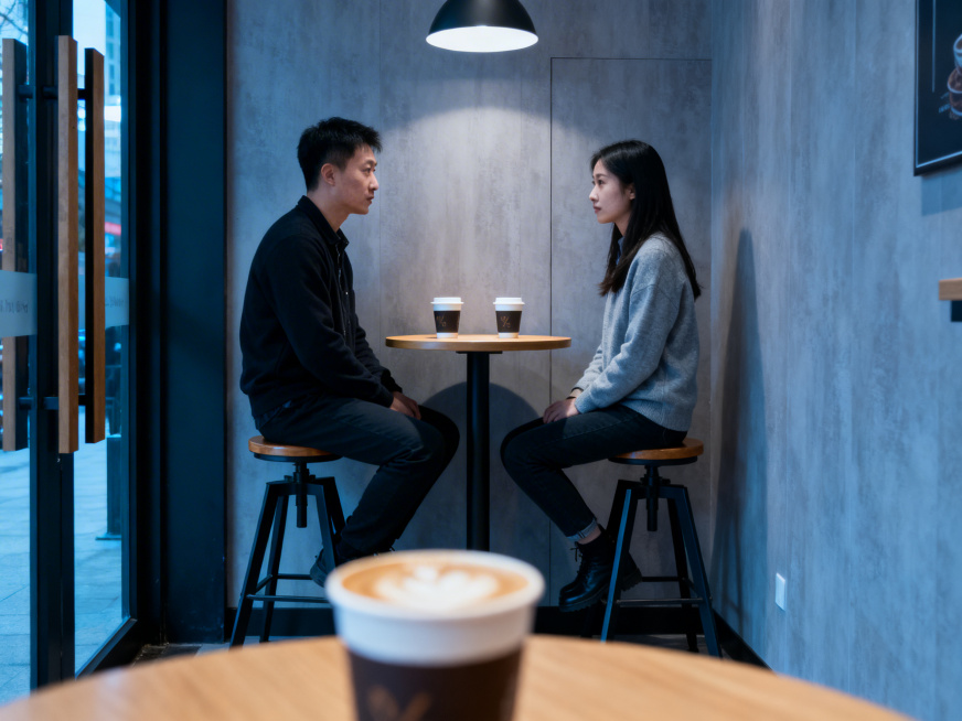 咖啡馆内，两个中国情侣面对面坐在高脚凳上，中间是一张小圆桌，桌上放着两杯咖啡，光线偏冷，氛围略显尴尬，前景虚化一杯咖啡，构图像从角落偷拍预览效果
