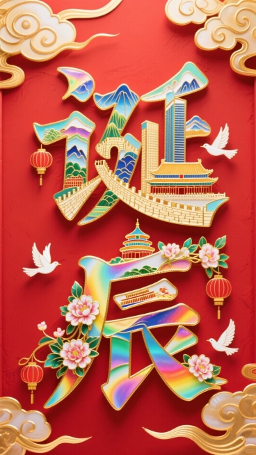字体设计，“诞辰”字笔画进行解构用元素拼接而成，文字笔画填充建筑（长城、山脉、故宫、天坛、高楼大厦等）、鲜花、灯笼，白鸽点缀，光影交织，边缘环绕着金色的祥云，红色背景预览效果