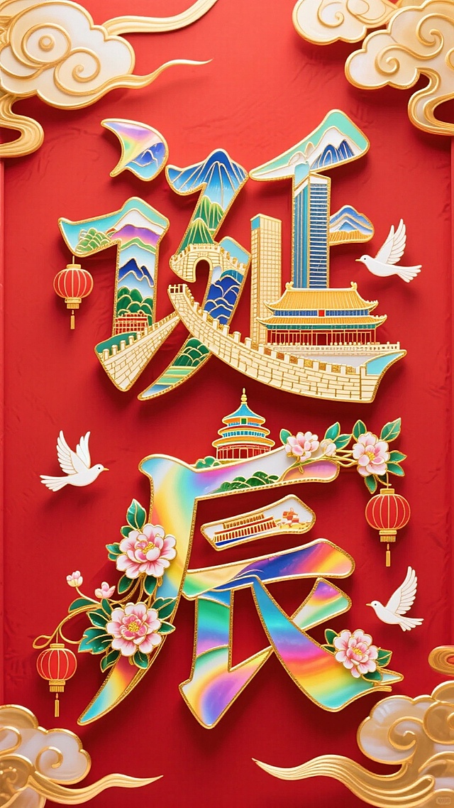 字体设计，“诞辰”字笔画进行解构用元素拼接而成，文字笔画填充建筑（长城、山脉、故宫、天坛、高楼大厦等）、鲜花、灯笼，白鸽点缀，光影交织，边缘环绕着金色的祥云，红色背景