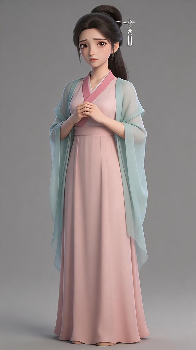 全身照，正视图，灰色背景3D动画风格，纹理细腻，全身站立，严格6:8头身比例，体态匀称，腿部修长，东方人体比例，精准稳定。二十八岁东方女性，瓜子脸，杏眼含泪，神态柔弱，身穿淡粉色交领襦裙，外披浅青色披帛，发髻偏坠插银步摇，双手轻握于胸前，略带怯意站立