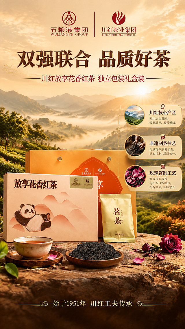 [商品] 使用【图1】川红放享花香红茶礼盒套装；保留五粮液集团与川红茶业双Logo、礼盒橙金配色、熊猫图案内盒、独立小袋包装、茗茶字样与净含量标识，产品结构、颜色、材质、文字完整还原。
[画面] 目标：头图海报页，突出双强联名高端品质与礼盒全貌。构图：上文下图竖版布局，顶部品牌联名标识区，中部主标题大字，下方礼盒套装（外礼盒+内盒+独立小袋+茶汤+干茶）居中陈列，产品占画面60%。前景：石质茶台表面，左侧茶杯茶汤、右侧干茶木碟点缀玫瑰花瓣。中景：礼盒套装主体，层次分明。背景：虚化的高山茶园与暖金色云雾山峦，远山层叠，晨光穿透云层。阅读动线：从上至下，品牌→标题→产品→氛围。
[视觉] 套系策略：风格=东方雅致茶系商业摄影，暖金棕调高级氛围感；标题字=宋体衬线粗体，厚重典雅；正文字=简洁无衬线体，清晰易读；主色=暖金棕+赤陶橙；背景延展=基于暖金棕做深浅层级、云雾渐变和山峦层次，同色系质感延伸；强调色=朱砂红，仅用于小面积标签、引线、图标点缀；标题色=深棕近黑；正文色=暖棕灰；组件=圆角金线信息卡、细金线引线、中式云纹装饰；光影=左前侧暖柔光，产品正面清晰，背景逆光营造山峦云雾层次。
[文字] 顶部居中双品牌Logo与联名标识；主标题"双强联合 品质好茶"大字居中；副标题"川红放享花香红茶 独立包装礼盒装"；下方产品两侧用引线标注3个核心卖点图标：川红核心产区、非遗制茶技艺、玫瑰窨制工艺；底部"始于1951年 川红工夫传承"。所有文字横排，不遮挡礼盒主体。
[规格] 图片比例9:16竖版，4K分辨率，负向提示：避免变形、错字、文字过小、冷蓝灰背景、产品颜色改变、包装文字错乱、二维码、极限词。