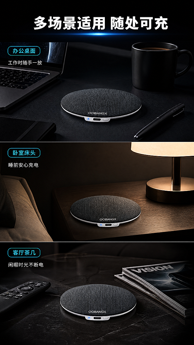 [商品] 使用【图1】OOBANGX圆形布艺无线充电器；保留黑色编织纹理顶面、白色底壳、OOBANGX品牌字样的完整结构；产品为扁平圆形，在不同场景中自然摆放。
[画面] 目标：多场景使用体验展示，体现适用场景广泛。构图：3格场景拼图纵向排列，每格一个场景：1.办公桌面场景（充电器放办公桌，旁边有笔记本和咖啡），2.卧室床头柜场景（充电器放床头柜，旁边有台灯），3.客厅茶几场景（充电器放茶几，旁边有遥控器和杂志）；每个场景左上角有场景标签；整体深色科技风统一，场景偏暗调高级感。
[视觉] 套系策略：风格=深色科技高级商业摄影风（参考【图2】黑底科技质感）；标题字=现代无衬线粗体（思源黑体Heavy）；正文字=简洁无衬线体（思源黑体Regular）；主色=深黑（#0A0A0A）；背景延展=基于深黑做深浅层级、场景暗调处理；强调色=科技蓝（#00D4FF），用于标签、指示灯、小面积光效；标题色=纯白色；正文色=浅灰（#CCCCCC）；组件=圆角场景标签、细线分割；光影=每个场景有独立光源，产品清晰突出。
[文字] 顶部主标题："多场景适用 随处可充"；3个场景标签："办公桌面"、"卧室床头"、"客厅茶几"；每个场景配一句短文案："工作时随手一放"、"睡前安心充电"、"闲暇时光不断电"；文字全部横向排版。
[规格] 图片比例9:16竖版，4K，负向提示：避免变形、错字、文字过小、产品结构改变、编织纹理丢失、过亮场景、竖排文字、旋转文字。