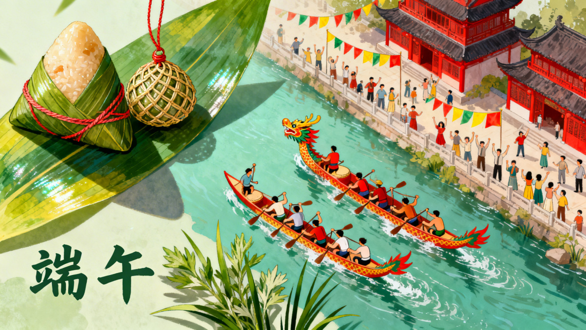 中国风春日插画，全景俯视视角展示端午节热闹场景。江河上龙舟竞渡，划桨手姿态各异奋力划桨，岸边人群欢呼彩旗飘扬，搭配古建筑。画面包含粽子（粽叶脉络清晰有深浅变化）、香囊（丝线有光泽编织紧密）、艾草与菖蒲预览效果