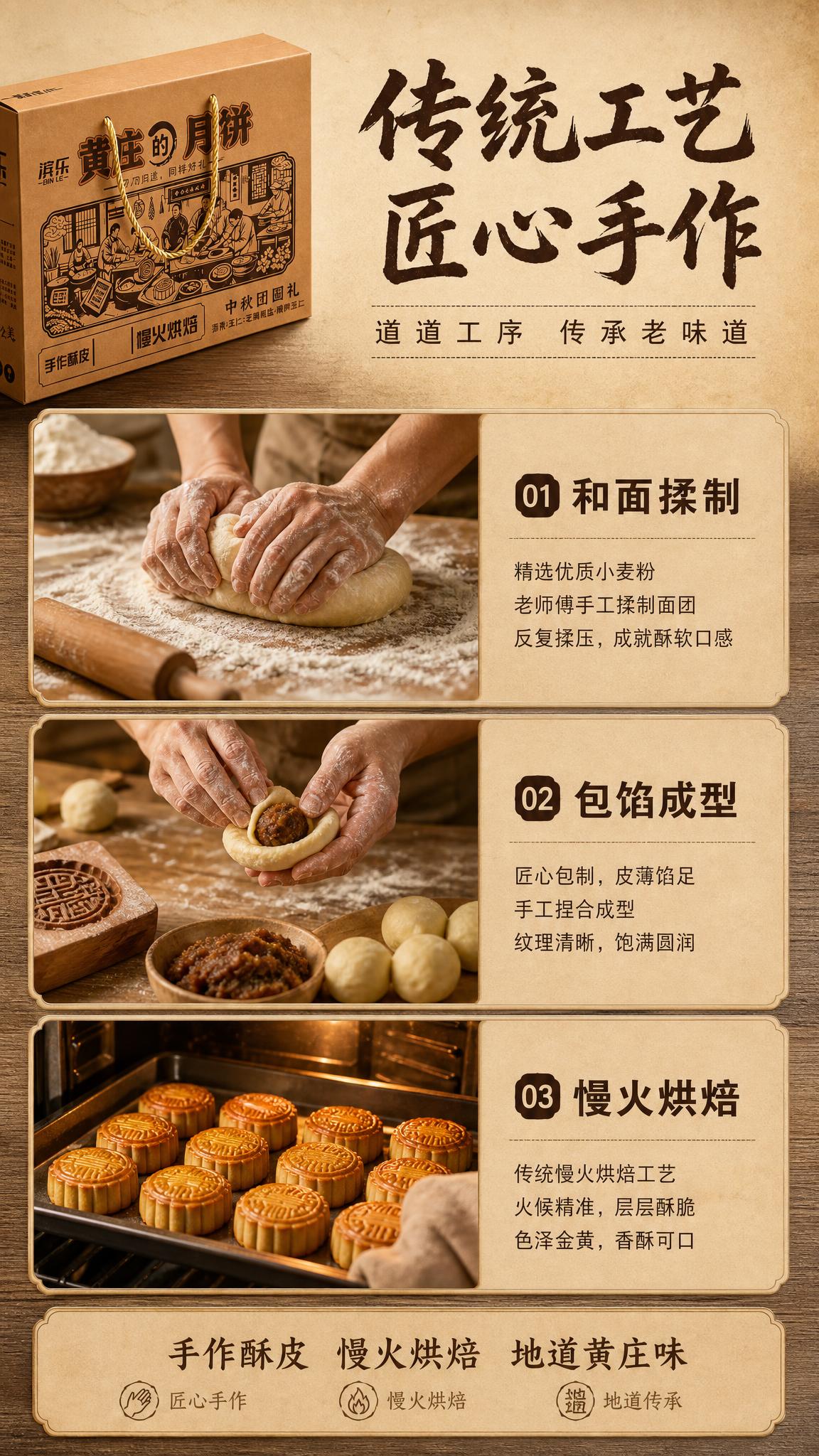[详情页-第2屏 工艺品质] 滨乐黄庄月饼传统手工制作工艺，牛… - 图片创意预览