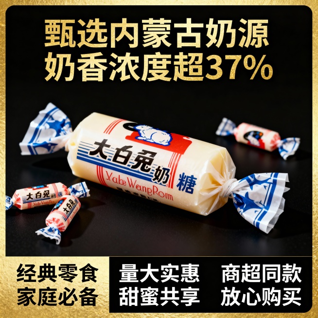 这张图片是产品主体这款产品是上海冠生园大白兔奶糖 我需要设计20张主图在拼多多上面售卖    主图场景布局可以用 等设计一个高级一些主图文案内容  甄选内蒙古黄金奶源带的优质鲜奶 奶香浓度比普通奶粉高预览效果
