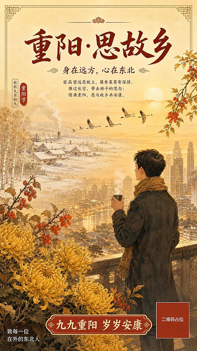 重阳节节日祝福海报，国风新中式工笔风格，主题为东北游子异乡思乡。画面主体：一位东北游子站在异乡城市的高处，手持一杯热茶，远眺故乡方向，神情略带思念；背景：远处隐约可见东北家乡的剪影（白雪覆盖的屋顶、烟囱、白桦林），前景是金黄的菊花与茱萸枝，天空中有南飞的大雁；整体暖金色调，温情怀旧氛围，光影柔和，工笔细腻。画面顶部居中主标题："重阳·思故乡"，副标题："身在远方，心在东北"，底部祝福语："九九重阳 岁岁安康"，左下角小字："致每一位在外的东北人"。版式精美，文字清晰可读，四周留足安全边距。画面中所有二维码区域使用纯色方块占位符呈现，方块中央标注"二维码占位"文字，严禁生成任何可识别的二维码图案。画面中所有信息区域必须填充完整合理的内容，不得出现空白框、空白占位、横线待填写区域、空列表项、空单元格；确保是完整可用的成品海报而非待填写模板。