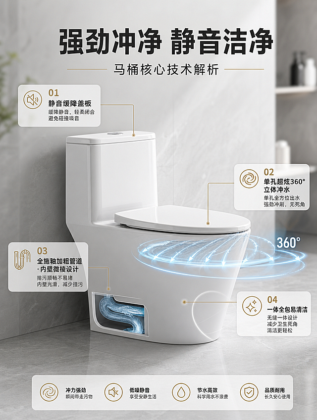 [商品] 使用【图1】中的白色连体马桶FB16242；保留一体全包造型、静音缓降盖板、白色陶瓷釉面、水箱与座圈的结构比例和颜色；突出马桶主体，花洒弱化或不出现；功能方向符合真实冲水使用逻辑。
[画面] 页面目标：深度解析马桶核心卖点，建立冲水与釉面品质信任。构图：上文下图竖版布局，上半区30%为标题区，下半区70%为马桶主体特写+卖点标注；马桶呈45°侧前方角度，座盖闭合，置于浅灰色高端卫浴场景中；画面叠加360°冲水水流动态示意线、管道剖面小图标；产品占画面约55%，景别为中景特写；阅读动线从上到下；前景干净地面，中景马桶主体带冲水光影效果，后景虚化墙面。
[视觉] 套系策略：风格=现代简约高级卫浴商业摄影风；标题字=现代无衬线粗黑体；正文字=简洁无衬线中黑体；主色=纯净白+高级灰；背景延展=基于白灰做深浅层级、同色渐变和细腻石材/瓷砖质感；强调色=香槟金，仅用于小面积图标、引线、标签和点缀光效；标题色=深炭灰；正文色=中暖灰；组件=圆角浅底信息卡、细线引线、简约icon；光影=左前侧柔和自然光，陶瓷釉面有干净高光，阴影柔和自然。
[文字] 主标题「强劲冲净 静音洁净」，副标题「马桶核心技术解析」，4个卖点分点：①静音缓降盖板 ②单孔超炫360°立体冲水 ③全施釉加粗管道·内壁微棱设计 ④一体全包易清洁；卖点以图标+短文字形式分布在马桶四周，用细引线指向对应部位；所有文字横向排版，不遮挡马桶主体关键结构。
[规格] 图片比例3:4竖版，分辨率4K，抖音电商详情页适配；避免变形、错字、文字过小、冷蓝脏灰背景、产品颜色改变、结构失真、极限词。