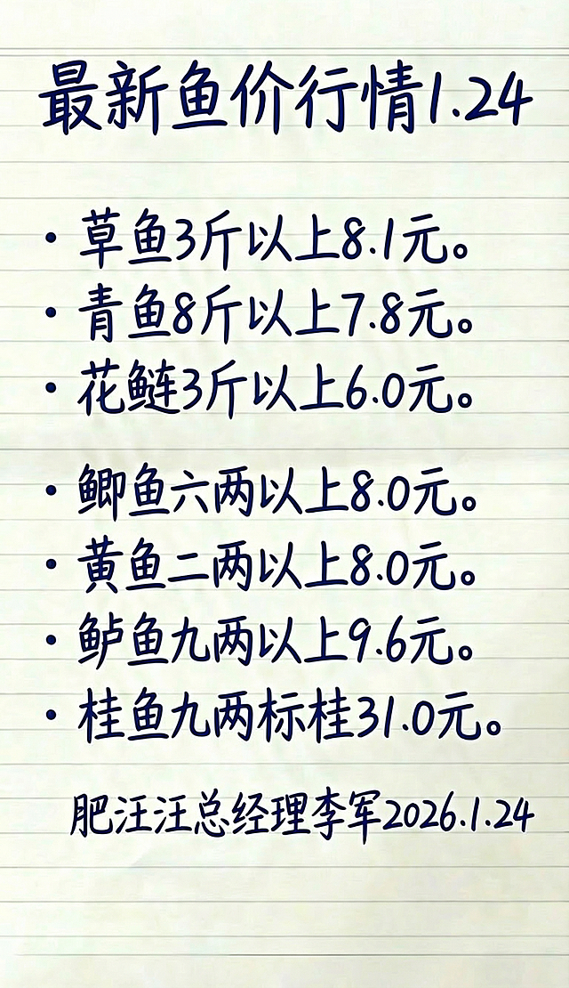 最新鱼价行情1.24
 
- 草鱼3斤以上8.1元。

- 青鱼8斤以上7.8元。

- 花鲢3斤以上6.0元。

- 鲫鱼六两以上8.0元。

- 黄鱼二两以上8.0元。

- 鲈鱼九两以上9.6元。

- 桂鱼九两标桂31.0元。
 
肥汪汪总经理李军2026.1.24  参照图片字体和颜色，用上面内容替换生成新的内容，要求排版布局合理，一字不差。