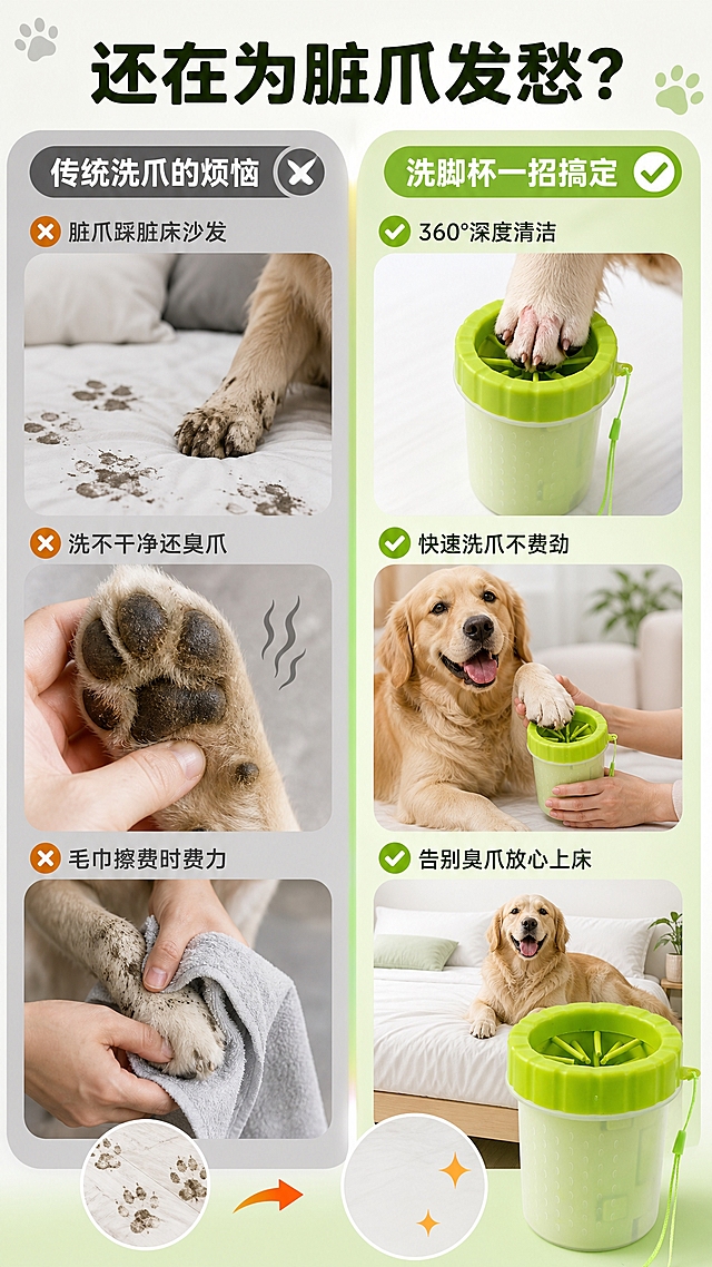 [商品] 使用【图1】绿色硅胶宠物洗脚杯；保留绿色硅胶盖、放射状柔软硅胶刷毛、半透明磨砂杯身、绿色挂绳；真实展示产品功能，不改变结构、颜色和比例。
[画面] 目标：痛点对比页，直击养宠家庭脏爪困扰。构图：左右分栏对比，左侧45%为「痛点区」，右侧45%为「解决区」，中间用渐变分割线过渡。左侧：脏脏的狗爪踩在白色床单上留下泥印，沙发上有爪印，主人皱眉困扰的手部动作；右侧：使用洗脚杯后干净粉嫩的肉垫，整洁的床和沙发，主人开心摸狗头。产品放在右下解决区，占画面约25%。阅读动线：从左到右对比，最后落到产品。景别：中景+局部特写结合。
[视觉] 套系策略：风格=清新治愈宠物商业摄影风；标题字=圆润粗黑体；正文字=简洁无衬线体；主色=马卡龙嫩绿；背景延展=左侧痛点区用偏灰冷色调营造困扰感，右侧解决区用马卡龙嫩绿+米白暖调营造清爽干净感；强调色=暖橙色，仅用于小面积图标、引线、标签；标题色=深森林绿；正文色=深灰绿；组件=圆角对比卡片、爪印图标、对勾叉号图标；光影=左侧偏冷暗，右侧暖亮，形成鲜明对比。
[文字] 顶部大标题「还在为脏爪发愁？」；左侧痛点区标题「传统洗爪的烦恼」+3个痛点：「脏爪踩脏床沙发」「洗不干净还臭爪」「毛巾擦费时费力」；右侧解决区标题「洗脚杯一招搞定」+3个解决点：「360°深度清洁」「快速洗爪不费劲」「告别臭爪放心上床」。文字横向排版，左右分区清晰，字号手机端可读。
[规格] 图片比例9:16竖版，4K，避免变形、错字、文字过小、产品颜色改变、过度夸张脏污画面、极限词。
