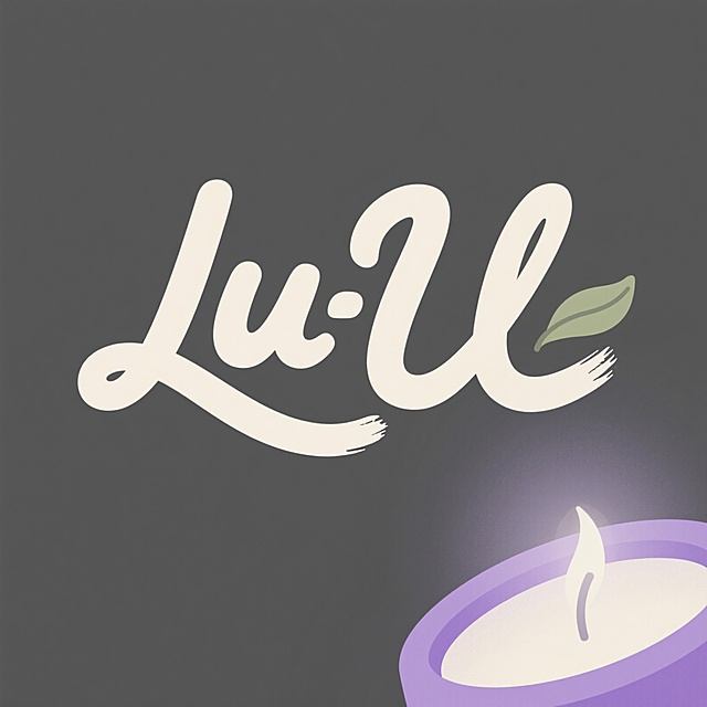香薰蜡烛店logo，以“LuL”为核心文字，字体圆润无棱角，手写边缘带轻微笔触感，字母间用流畅弧线连接。背景为深灰色，主文字用奶油白或米白色，点缀低饱和度的浅薰衣草紫或淡橄榄绿。右下角融入抽象的、线条柔和的叶片形状或光晕扩散效果，整体风格自然简约、温暖疗愈，传递柔和、亲切、宁静且精致的氛围。