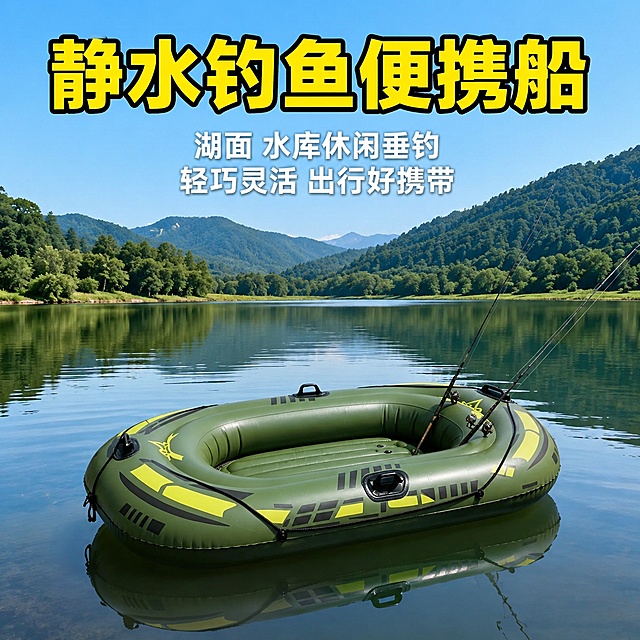 拼多多充气船户外垂钓场景图，军绿色双人充气船漂浮在平静的湖面上，远处有青山和树木，宁静的户外钓鱼场景，保持军绿色充气船外观与输入产品图一致，杜绝变形和色差。画面上方超大黄色粗体字带黑边写着"静水钓鱼便携船"，下方两行白色辅文："湖面 水库休闲垂钓"、"轻巧灵活 出行好携带"。湖面平静有倒影，远处山峦叠翠，天空晴朗，营造户外垂钓宁静氛围。文字放在画面上方负空间，不遮挡船身主体。商业摄影质感，自然光线，氛围宁静。拼多多风格，大字醒目，场景有代入感。1:1正方形比例，文字清晰可辨，超高清商业摄影质感。画面禁止出现变形、文字错乱、产品模糊、背景杂乱、水印、电商平台Logo。