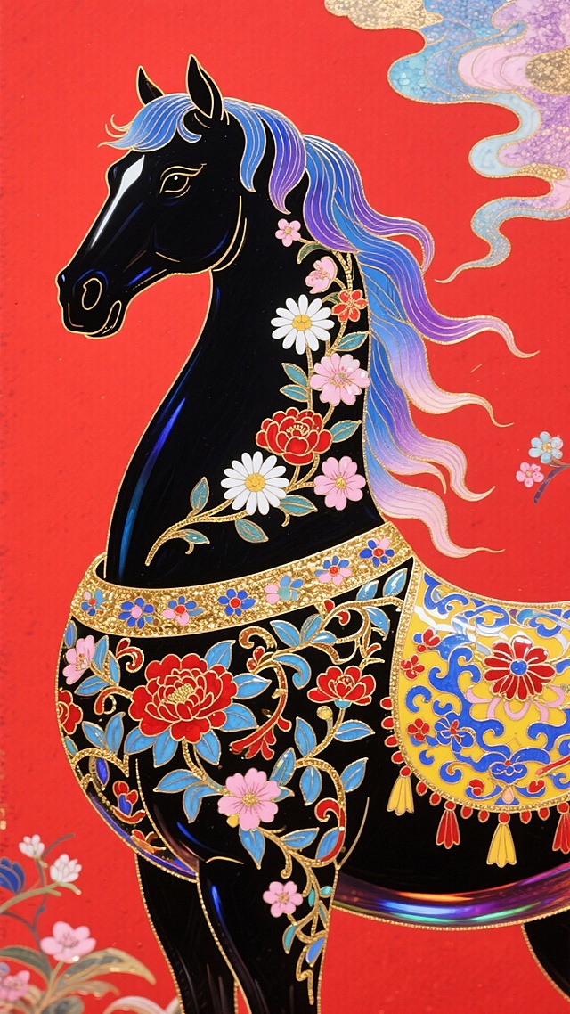 新中式掐丝珐琅艺术风格浮世绘风格插画，高饱和度撞色搭配，平涂式岩彩肌理，视觉冲击力强烈。纵向竖幅构图，平视偏仰视视角，背景为高饱和红色，主体是一匹占画面 70% 比例的黑色骏马，呈头部微抬的侧立姿态，朝向画面左侧。马身装饰着白雏菊、红牡丹、粉花等多种花卉，鬃毛为蓝、浅紫渐变的丝缕状，如流动云霞般向画面右上方延展；躯干下半部分覆盖着以金、蓝、红、黄为主色调的掐丝珐琅风格缠枝花卉纹样饰带，纹样繁复精致。马身与背景以鲜明色彩对比突出主体，零星花瓣点缀于背景，增强画面动感。所有元素通过色彩呼应与层次叠加形成统一视觉叙事，骏马作为核心焦点被花卉与纹样紧密包裹，整体风格华丽且充满生命力