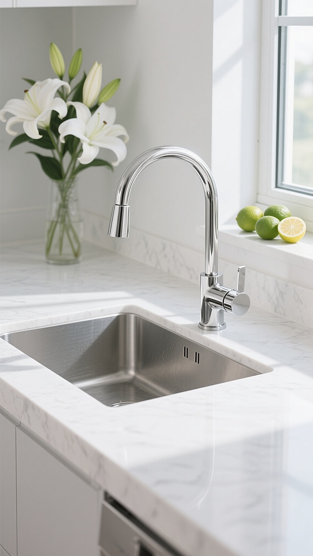 现代简约风格厨房场景，不锈钢材质的银色水龙头安装在白色石英石台面上的嵌入式水槽边缘，水龙头线条流畅、设计简洁，带有弯曲的出水嘴和旋钮式开关，表面光滑且有金属反光质感。台面干净整洁，左侧窗台上摆放着一盆盛开的白色百合花，右侧窗台上放置着几个新鲜的青柠和柠檬，窗外透进明亮的自然光，光线柔和地洒在台面和水龙头上，形成淡淡的阴影和高光，整体氛围清新、明亮、整洁、温馨，具有现代家居的舒适感和简约美学。
