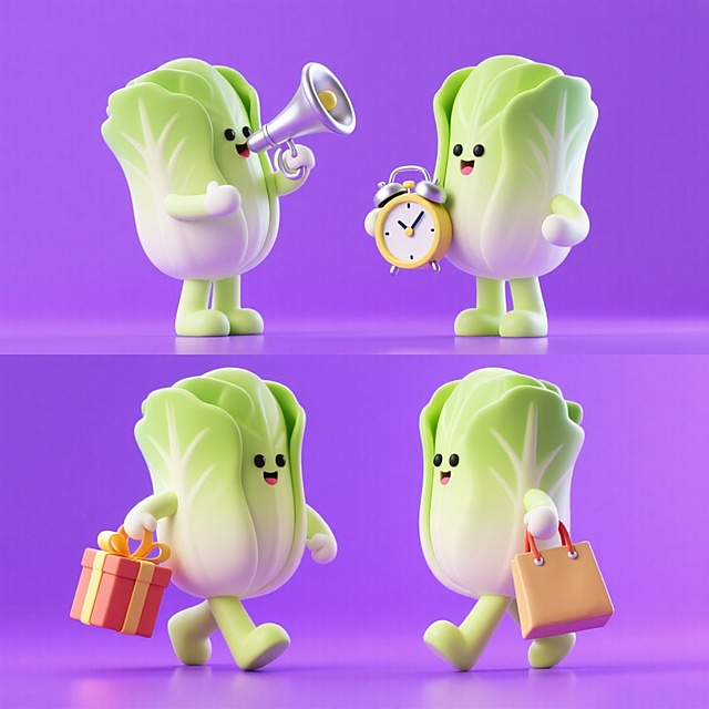 4个同角色不同动作的拟人化的白菜：1、拿着喇叭，2、拿着闹钟，3、拿着礼盒，4、拿着购物袋。紫色背景，上下两行，排列整齐