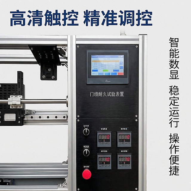 [垫图] https://gdesign-dam-hz.dancf.com/35896485645632596/93229d373dc242d7b0240cf21d45c2ee.png
[主图主题] 电梯门锁耐久试验装置控制面板细节展示
[氛围/风格] 工业科技风，高清特写，专业质感
[画面元素] 特写放大产品右侧的数显控制面板，清晰展示触摸屏、数码显示屏、控制旋钮和急停按钮，按键和文字都清晰可辨，金属质感和磨砂面板纹理细节突出，背景虚化突出控制面板细节，光影硬派对比，凸显工业质感。背景铺满全屏无边框。
[配色色系] 主体：银灰色金属、黑色面板；点缀：红色急停按钮
[视角构图] 特写平视，焦点清晰落在控制面板，背景虚化
[文字版式] 左上角标题 " 高清触控 精准调控 "，深蓝色粗体无衬线字体。右侧竖排卖点文字 " 智能数显 稳定运行 操作便捷 "，每行一个卖点，黑色细体，整体排版简洁，不遮挡主体细节。
[比例分辨率] 2k 分辨率