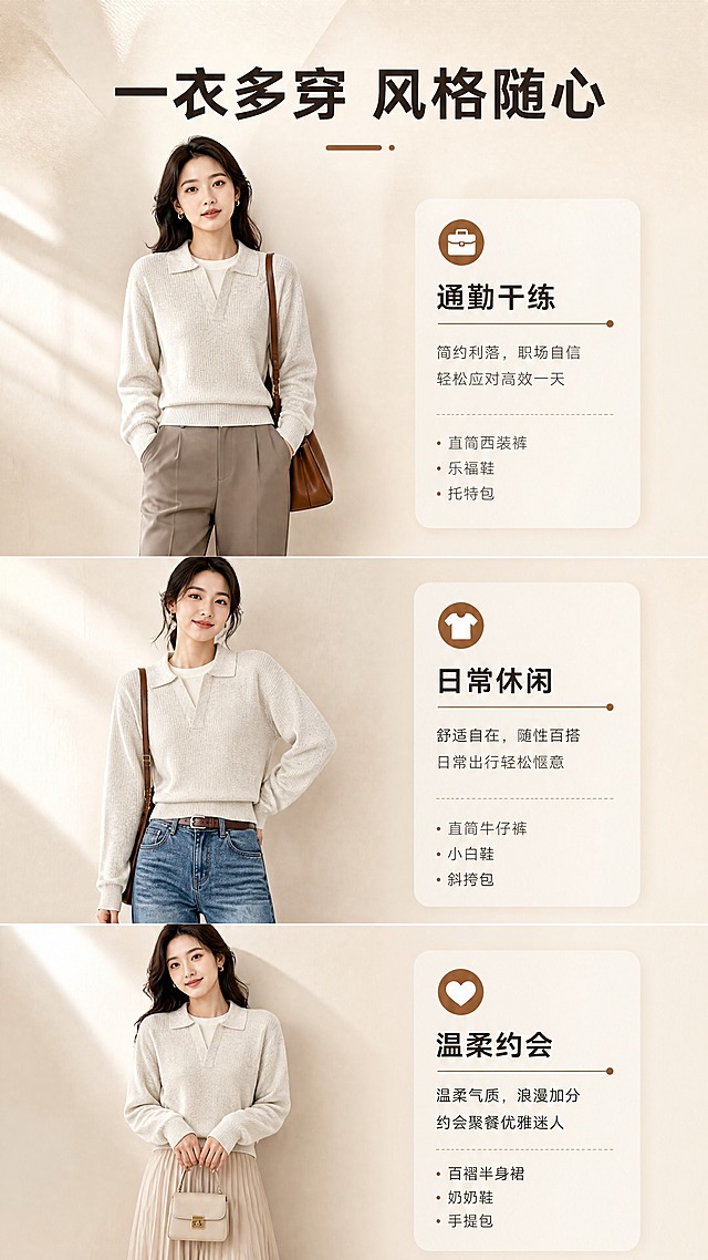 [商品] 使用【图1】米杏色假两件Polo领针织衫；商品处理：保留Polo翻领、假两件V型门襟、落肩长袖、短款收腰、华夫格针织纹理、米杏花纱颜色和整体版型；自然去除衣身、领口、袖子和下摆的杂乱褶皱与压痕，理顺垂坠，增强针织纹理、缝线和罗纹收边质感，不改变版型和结构。
[画面] 目标：穿搭灵感页，展示3套不同风格搭配。构图：竖排3组穿搭造型，每组为亚洲女模特半身/全身穿搭小图，分别搭配西装裤（通勤风）、牛仔裤（休闲风）、半身裙（温柔风）；针织衫保持同款同色同结构；左侧或右侧配文字标签。
[视觉] 套系策略：风格=轻熟通勤高级商业摄影；标题字=现代无衬线粗体；正文字=简洁无衬线体；主色=米杏暖调；背景延展=基于米杏色做深浅层级、同色渐变和细腻织物/哑光墙面质感；强调色=焦糖棕，仅用于小面积图标、引线和标签；标题色=深炭棕；正文色=中暖灰；组件=圆角浅底信息卡、细线引线；光影=左前侧暖柔光，柔和自然阴影。
[文字] 顶部主标题「一衣多穿 风格随心」，3组搭配旁分别标注：通勤干练、日常休闲、温柔约会；文字横向排版，不遮挡人物和服装主体。
[规格] 图片比例9:16竖版，4K分辨率，避免变形、错字、文字过小、冷蓝/蓝灰背景、衣服颜色改变、版型失真、绝对化用语。