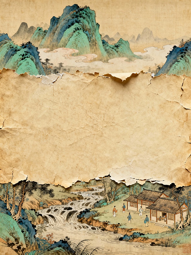 中国传统工笔重彩山水画风格，上下部分为细腻绘制的山水景致，上部有青绿山峦与淡雅云雾，下部展现溪流、人物活动及古朴屋舍，色彩典雅和谐，线条精致流畅。画面中间区域为大面积泛黄的纸张质感，纸张边缘呈自然撕裂状，露出不规则的毛边，纸张表面带有细微的纹理和自然的陈旧感，整体构图层次分明，营造出古典雅致的氛围。