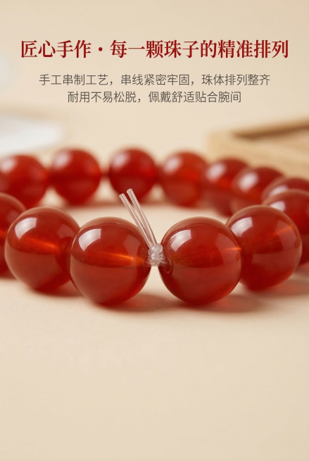 电商详情页手工串制工艺细节特写屏，严格还原上传的红玛瑙手链产品图所有细节，产品比例1:1视觉协调。聚焦手链串珠衔接处特写，手工串制工艺，串线紧密，珠体排列整齐无松动无间隙，结构牢固耐用不易松脱。中心聚预览效果