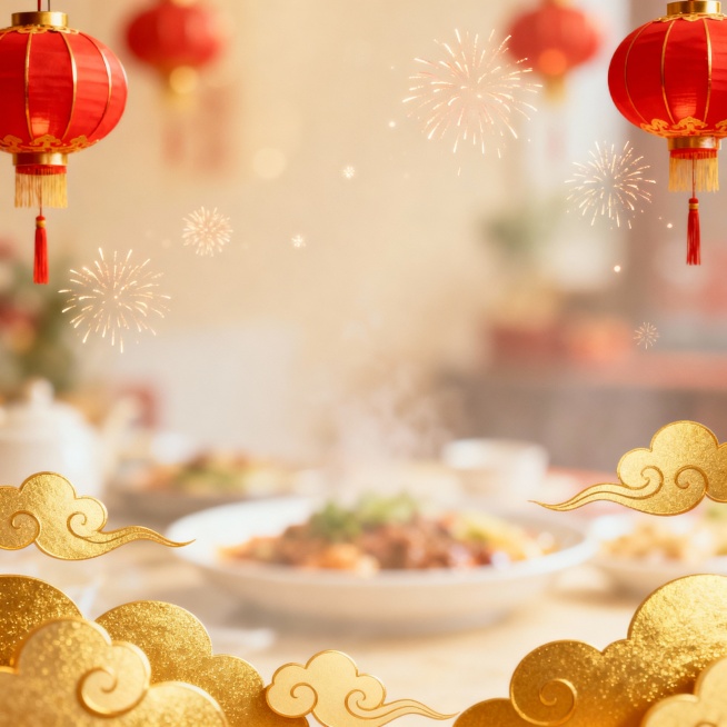 需要一张背景图片，需要体现过年的气息氛围，是用在制作年夜饭套餐的背景，背景柔和模糊预览效果