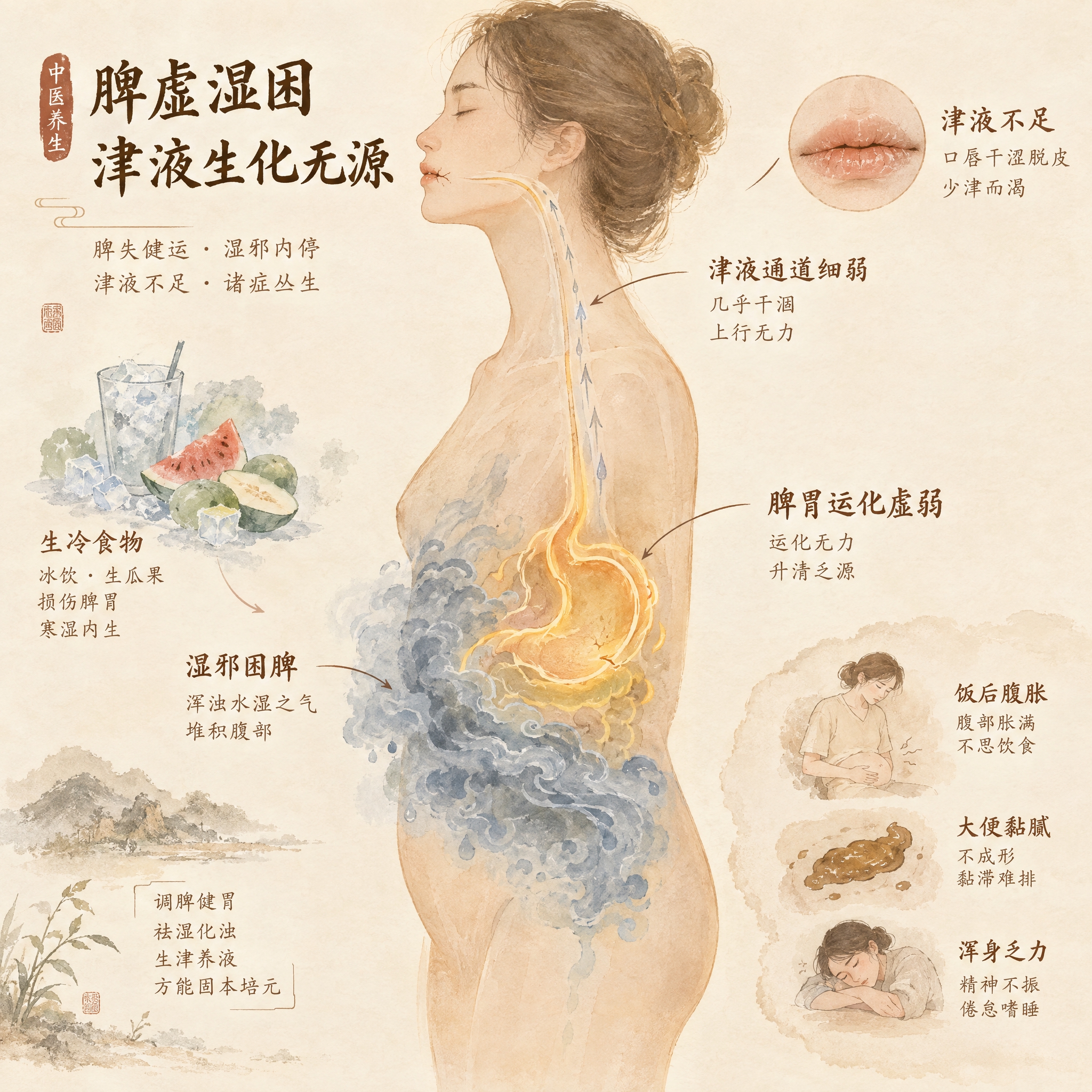 中医养生概念插画，表现脾虚湿困、津液生化无源的主题。画面中心为… - 图片创意预览