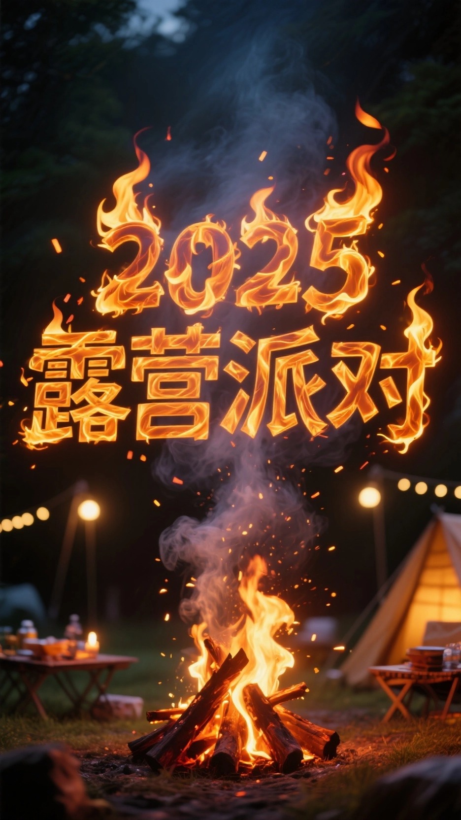 一个用火焰做成的“2025 露营派对”字样，火焰燃烧的文字，带… - 图片创意预览