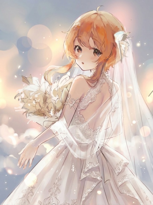 将图中人物的服装改为优雅的白色婚纱礼服，风格为日系动漫插画，保留原有人物发型与姿态，背景柔和梦幻预览效果