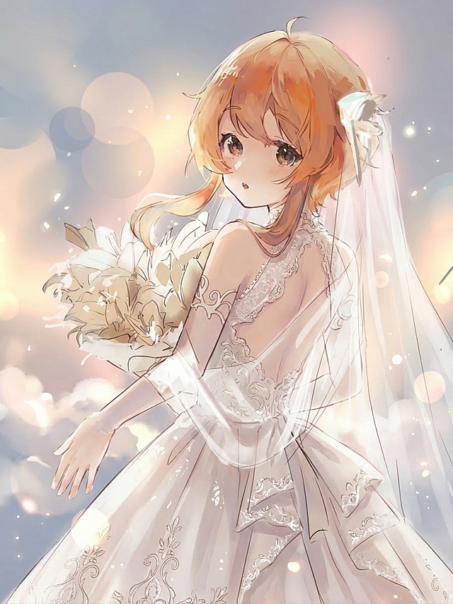 将图中人物的服装改为优雅的白色婚纱礼服，风格为日系动漫插画，保留原有人物发型与姿态，背景柔和梦幻