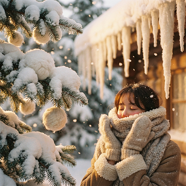 冬日天地被一层软绒包裹，松枝缀着绒雪球，屋檐垂着绒冰棱，连风都裹着暖融融的毛絮。围巾的绒边蹭着脸颊，手套的绒面兜住掌心温度。暖黄的光晕漫过这片绒绒世界，寒意被尽数揉碎，只留满目的软和，满溢的暖