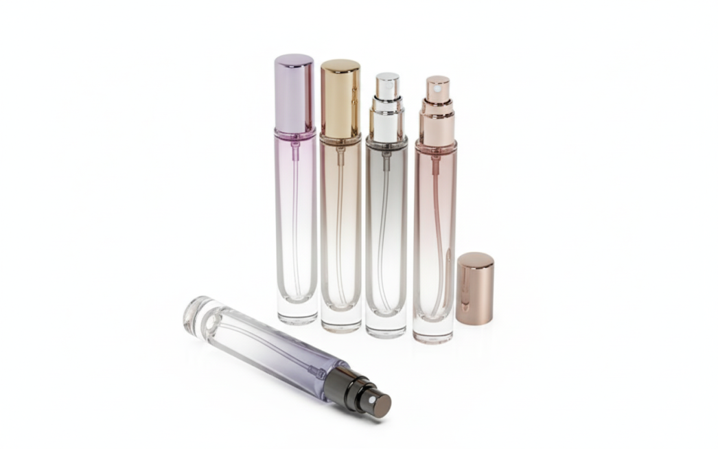 图1是5款不同颜色的香水瓶（产品颜色及外形不变），做一个俯拍图， 将5瓶香水从画面一角向对角延伸排列，或排列成一个舒缓的“S”形弧线。可以按颜色渐变（从浅至深或按色相环）排列。富有动感与节奏，引导视觉预览效果