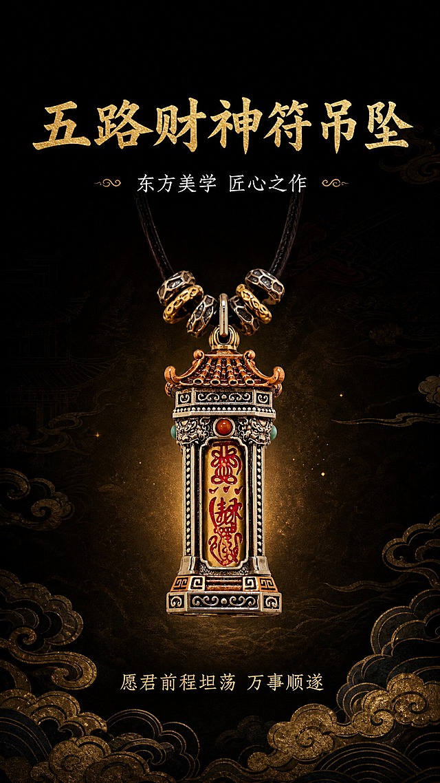 淘宝天猫详情页尾屏，9:16竖版，深色中式场景风格，深黑色背景，金色祥云纹样装饰底部，暖光聚在中央。画面中央为五路财神符吊坠正面展示，周围有淡淡的金色光晕。画面上方金色大字："五路财神符吊坠"，中间一行白色小字："东方美学 匠心之作"，底部金色小字："愿君前程坦荡 万事顺遂"。整体深色中式高级感，收尾大气，不出现包装盒和送礼元素。
