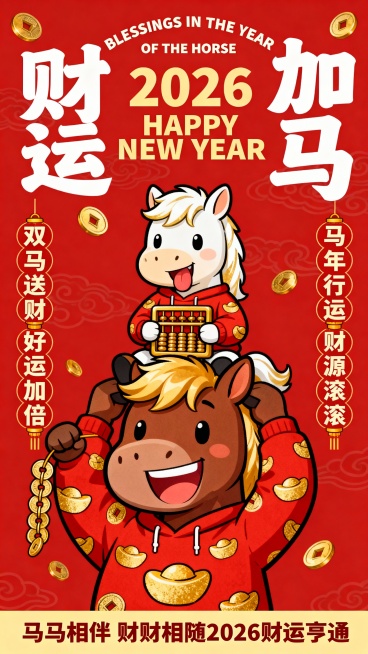童趣手绘风格马年春节海报，平涂色彩，高饱和度正红色背景，点缀金色铜钱与祥云纹样。画面主体是两只叠放的 Q 版拟人阿拉伯马：
下方是体型较大的深棕拟人马（金鬃毛），大笑表情，穿着印满元宝图案的红金新年卫预览效果
