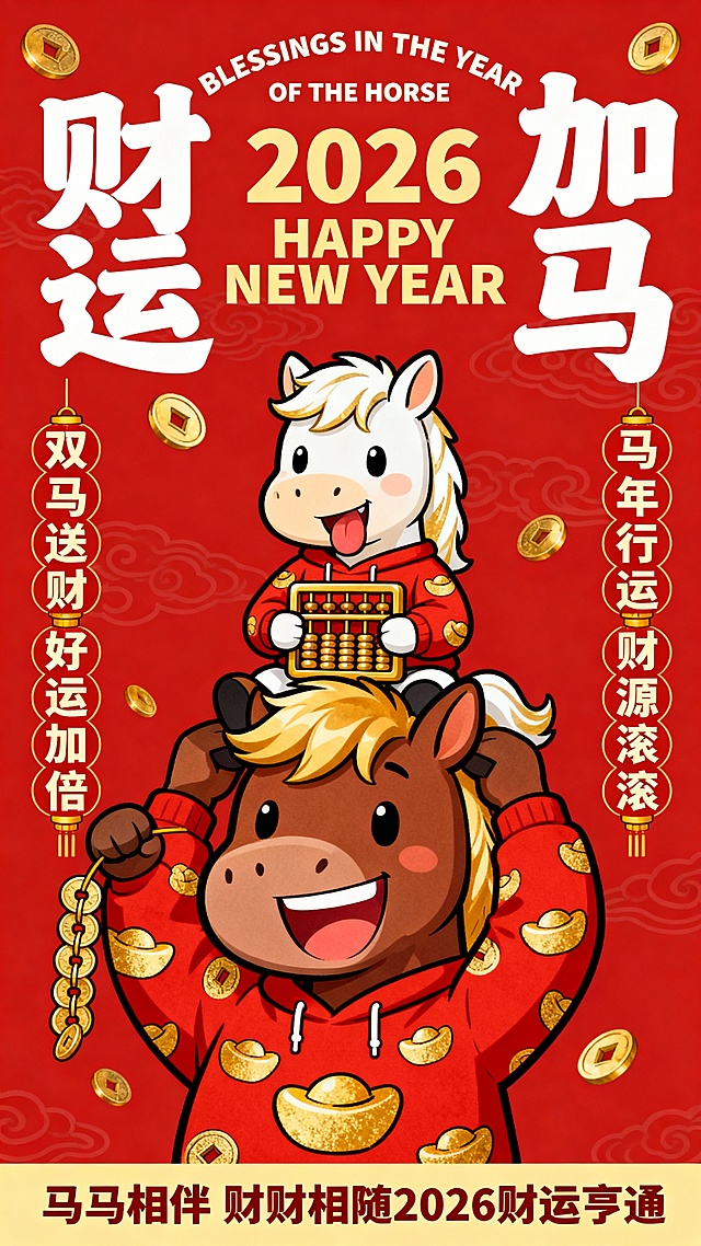 国潮插画风，拟人化双马萌趣互动，红金配色喜庆热烈，手持算盘与金元宝，融合传统元素与卡通设计，传递2026马年财运亨通的节日祝福。