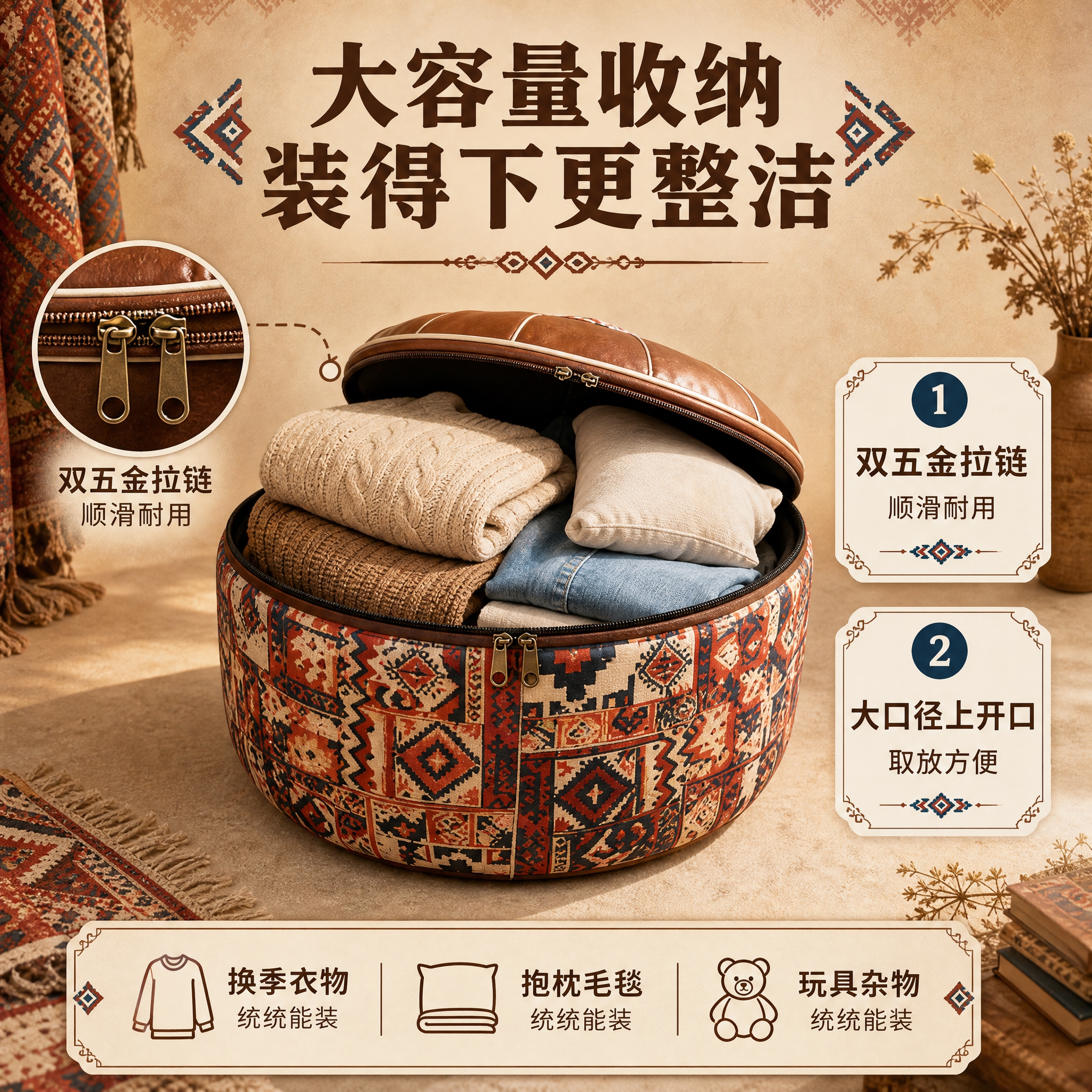[主图-2] 容量与结构卖点：展示收纳凳大容量收纳功能和双拉链… - 图片创意预览