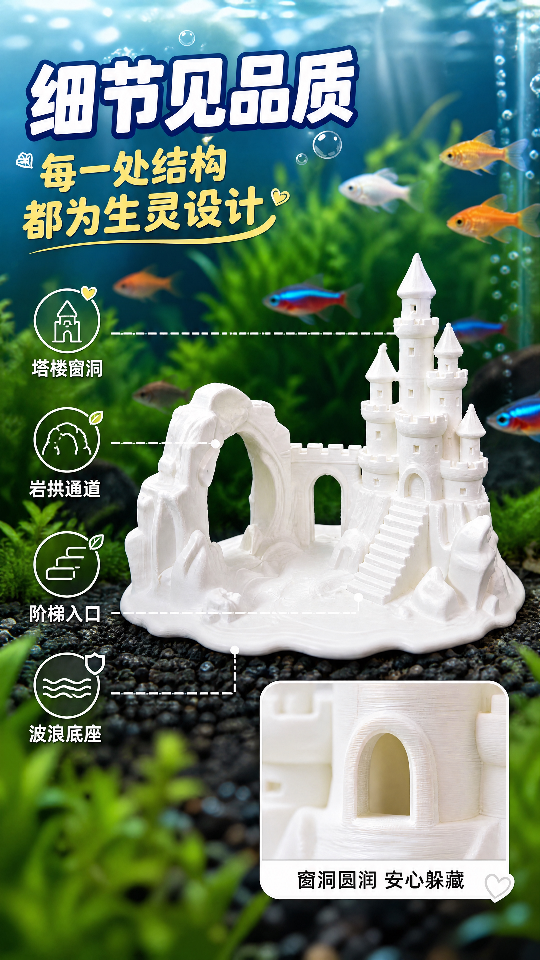 [商品] 使用【图1】白色城堡鱼缸躲避屋为产品本体，参考【图2… - 图片创意预览