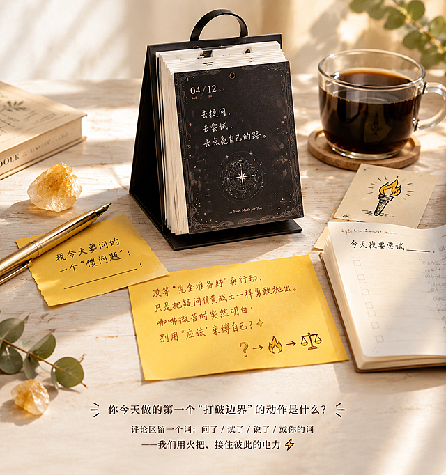参考图中的日历造型与质感，生成一张日历主题的静物摆拍图。

【主体】日历立于白色托盘中央，保留原日历的黑色底座与皮质提手设计，日历页面翻开呈现当日内容。

【左侧-提问区】
- 1支金色钢笔，笔尖轻触纸面
- 1张明黄色棉纸手写便签，上面手写文字："我今天要问的一个'傻问题'：______"
- 1颗天然形态的碎黄水晶，象征智慧能量

【右侧-行动区】
- 1个玻璃杯装美式咖啡，液面平静，色泽深邃
- 1张小卡片，上面手绘火把图案，象征点亮前路
- 1本摊开的《挑战清单》，可见手写"今天我要尝试______"字迹

【前方-触发点】
明黄色卡纸，手写小红书体文字：
"没等'完全准备好'再行动，只是把疑问像黄战士一样勇敢抛出。
咖啡微苦时突然明白：
别用'应该'束缚自己？✨"
右下角手绘简笔天平图标 + "❓→🔥→⚖️" 问号-火把-天平循环箭头图案。

【背景细节】
- 白色木质桌面
- 上午10:00自然光从左侧斜入，形成柔和光影
- 左下角散落1颗碎黄水晶 + 1片干尤加利叶
- 右上角投射出模拟阳光的光影效果

【底部引导语】
画面底部有文字：
"你今天做的第一个'打破边界'的动作是什么？
评论区留一个词：问了 / 试了 / 说了 / 或你的词
——我们用火把，接住彼此的电力 ⚡"

整体风格：温暖治愈，明黄与大地色调为主，自然光感，精致静物摄影风格，小红书氛围感。
