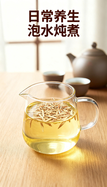 黄芪斜丝9:16详情图，简约明亮风格，整体提亮。展示泡茶场景，黄芪斜丝放在公道杯中，泡出淡黄色茶汤，背景为干净木质茶桌，搭配茶壶茶杯，明亮自然光线，营造养生茶饮氛围。主标题“日常养生 泡水炖煮”，文字预览效果