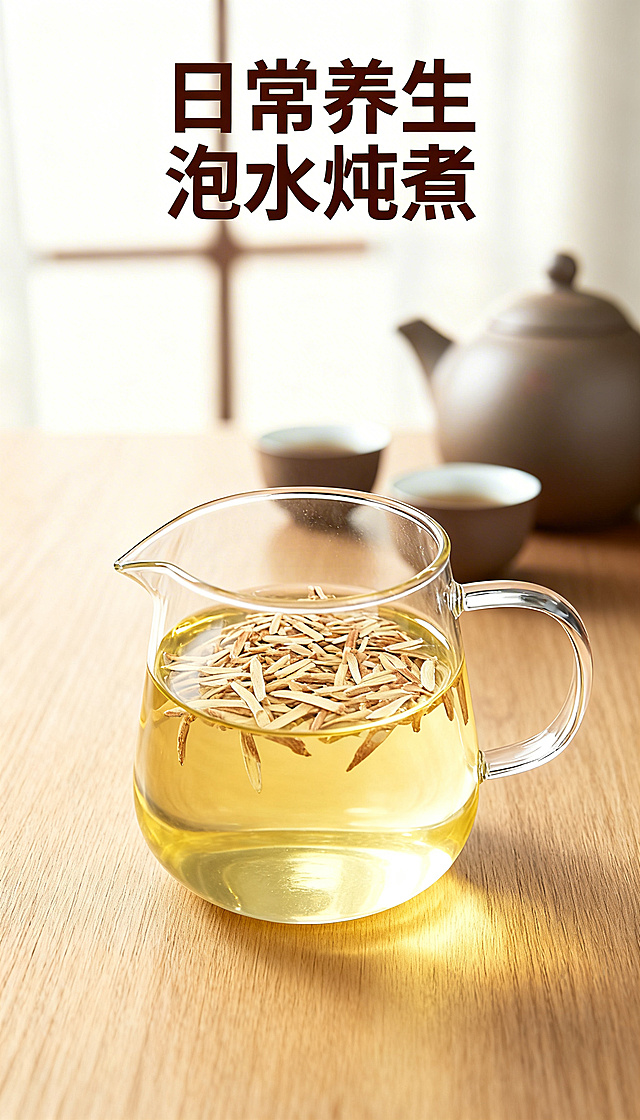 黄芪斜丝9:16详情图，简约明亮风格，整体提亮。展示泡茶场景，黄芪斜丝放在公道杯中，泡出淡黄色茶汤，背景为干净木质茶桌，搭配茶壶茶杯，明亮自然光线，营造养生茶饮氛围。主标题“日常养生 泡水炖煮”，文字在顶部，深棕色字体，简约排版，9:16比例。