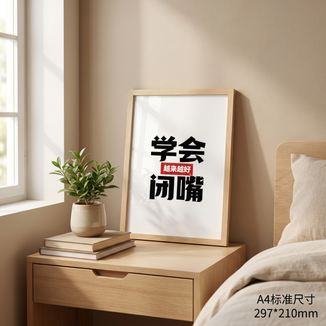 [主图 4] 场景搭配效果展示
[氛围风格] 简约原木风居家场景，温馨自然
[画质] 商业摄影质感，光线柔和通透，产品清晰真实，画面干净高级
[元素] 定制摆台放置在卧室床头柜上，旁边搭配小型绿植和书预览效果