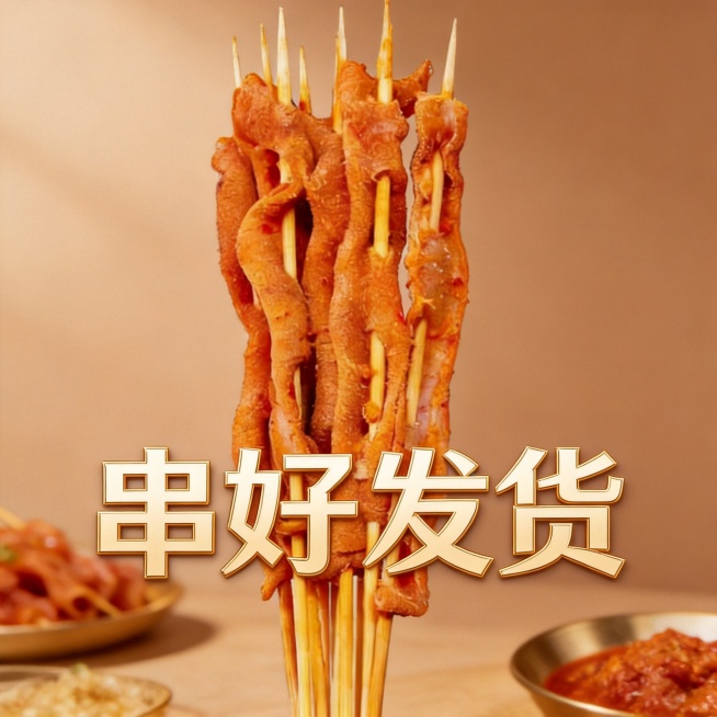 鸭肠串商品主图，淡棕色高级食欲场景，添加文字卖点"串好发货"，排版设计适配淘宝天猫平台，比例1:1，风格高级诱人预览效果