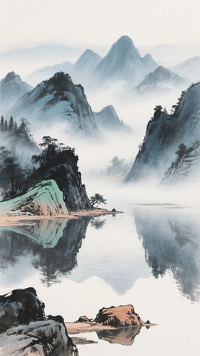 中国传统水墨风格山水风光，以浓淡不一的墨色与流畅的笔触勾勒层叠山峦，山间云雾缭绕，水面平静如镜映出远山倒影，近景岩石纹理清晰，远景山峰渐隐于朦胧雾气中，整体营造出空灵悠远、宁静深邃的意境，画面配色改为以靛青、石绿、赭石为主色调，保留水墨特有的晕染效果和留白艺术，展现山水相依的自然之美。