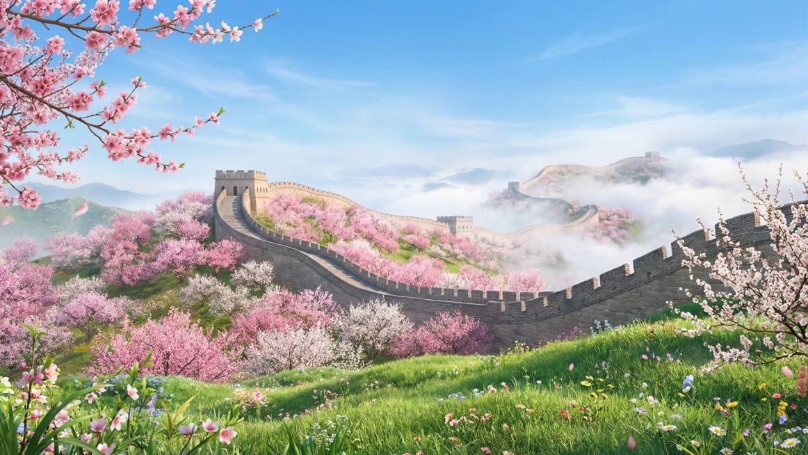 无文字的春天背景图，画面生机盎然，突出雄伟的长城，长城气势恢宏，长城两侧开满烂漫的山花，包含盛开的桃花、杏花，脚下是翠绿的草坪，远处长城蜿蜒悠远伸入云烟之间，参考图片的整体构图结构预览效果