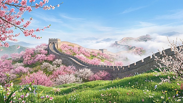 无文字的春天背景图，画面生机盎然，突出雄伟的长城，长城气势恢宏，长城两侧开满烂漫的山花，包含盛开的桃花、杏花，脚下是翠绿的草坪，远处长城蜿蜒悠远伸入云烟之间，参考图片的整体构图结构
