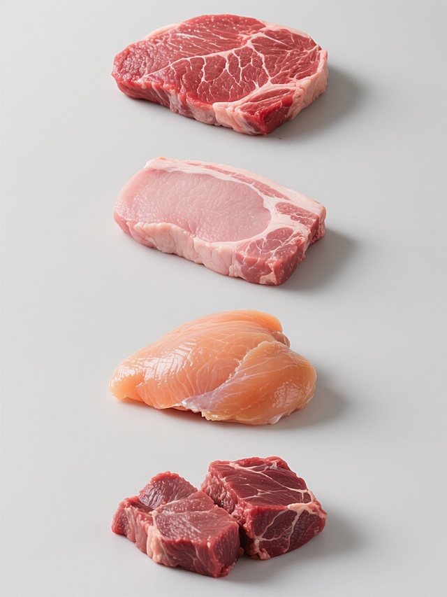 四张规整排布的生鲜肉类产品摄影图片集合，每张图片均采用高清晰度、超写实主义风格，光线明亮柔和，展现食材的新鲜质感与细节纹理。第一张为鲜红色生牛肉片，肉质鲜嫩，纹理清晰；第二张为粉红色生猪肉排，脂肪分布均匀，色泽鲜亮；第三张为橙红色生鸡胸肉，肉质紧实，表面光滑；第四张为深红色生羊肉块，肌肉纤维分明，富有弹性。所有肉类均放置于纯色背景上，整体构图简洁，突出食材主体，色彩变换丰富且符合各类肉品的自然色泽，形成系列化视觉效果。