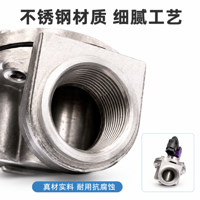 [主图-3] 电磁阀不锈钢材质与工艺细节展示。
[氛围风格] 专业工业品质风格，清爽规整，和整体风格统一；
[画质] 商业摄影质感、光线柔和通透、产品清晰真实、画面干净高级。
[元素] 电磁阀内螺口接预览效果