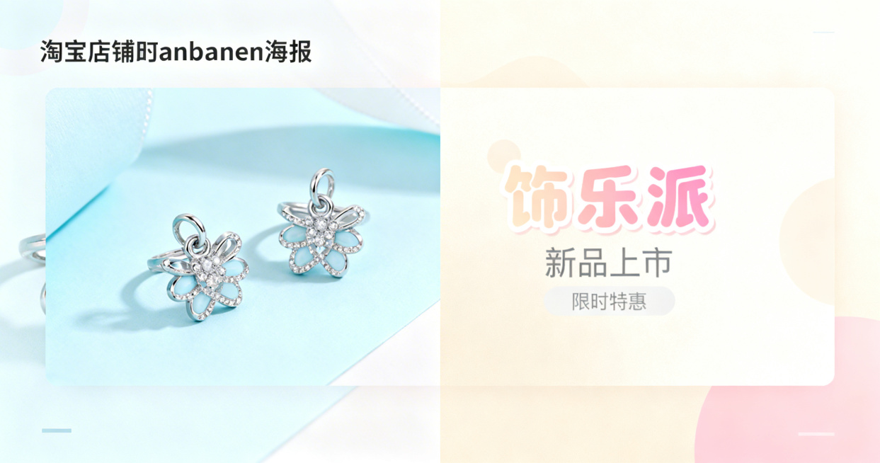 淘宝店铺横幅banner海报，售卖精致小饰品，采用左图右文布局，左侧展示精美好看的小饰品，右侧展示文字，包含店铺名"饰乐派"，整体风格清新时尚，适合首饰饰品店铺预览效果