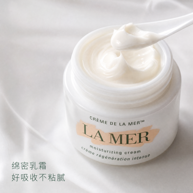 [主图-3]海蓝之谜经典面霜质地与肤感展示。保持海蓝之谜经典面霜瓶身外观与输入产品图一致，开罐展示，画面中心做极致微距特写，展示膏体细腻绵密云朵质地，膏体带有自然光泽，挖取一勺呈现柔润丝滑质感。背景为预览效果