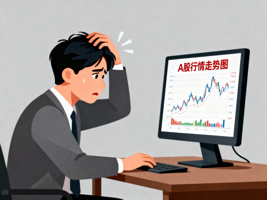 一个人抓头发看电脑 电脑屏幕是A股行情 用于PPT素材预览效果