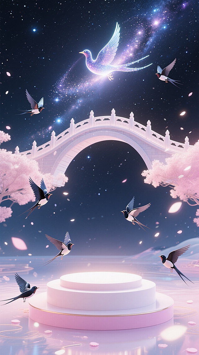 梦幻3D风格，虚拟现实中的超现实主义场景，银河与飞鸟交织，桥影映衬浪漫氛围。