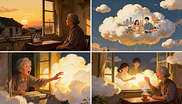 温暖治愈风格故事版插画，分4格画面。第一格：黄昏的老房子里，独居老人坐在窗边望着远方，桌面放着子女的旧合照，氛围落寞孤单；第二格：天空飘来一朵蓬松柔软的云，飘到老人窗前，云里投射出子女在远方城市生活的日常画面，老人露出惊讶的神情；第三格：老人伸手轻轻触碰云，云里的子女也伸出手，两代人的手隔着云仿佛相触，画面柔和发光；第四格：老人坐在窗边笑着和云里的子女互动，桌子上放着热气腾腾的茶，窗外的云飘着，满是温馨的氛围，整体色调暖黄，画面细腻有温度，突出代际情感联结和故乡云的意象。