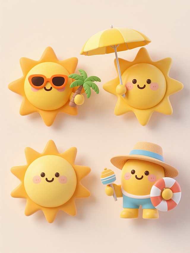 3D卡通风格，四个不同样式、不同造型风格的太阳元素，均为黄色基调的圆形太阳主体，带有放射状短角，表情生动拟人化，第一个太阳戴着橙色墨镜、手持黄色遮阳伞和绿色棕榈叶，其余三个太阳分别设计为不同的夏日主题造型（如戴不同帽子、拿不同夏日物品等），整体呈现明亮欢快的氛围，柔和的浅色背景，四个太阳分上下两行整齐对齐排列，每个太阳造型独特且风格统一，圆润光滑的3D质感，温暖明快的色彩搭配，无文字及二维码元素。